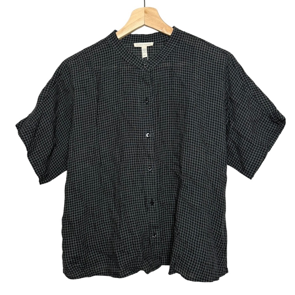 Eileen Fisher Puckered Organic Linen Plaid Mandarin Collar Boxy Shirt Lagenlook